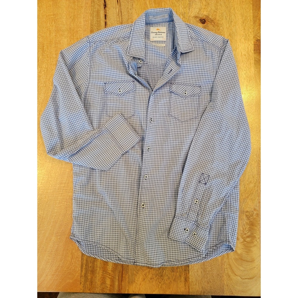Tommy Bahama- Island Modern Fit- Mens Shirt- S Blue Geometric Long Sleeve